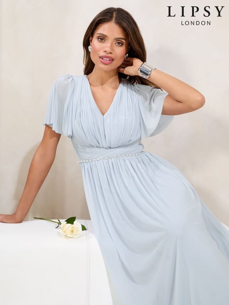 Lipsy Blue Short Sleeve Pearl Trim Mesh Maxi Bridesmaid Dress (AU9573) | € 172
