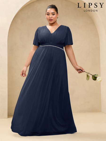 Lipsy Navy Curve Short Sleeve Pearl Trim Mesh Maxi Bridesmaid Dress (AU9586) | € 172