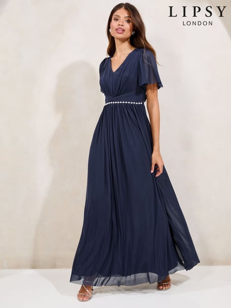 Lipsy Navy Short Sleeve Pearl Trim Mesh Maxi Bridesmaid Dress (AU9590) | € 172