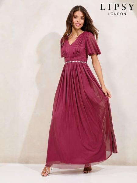 Lipsy Berry Red Short Sleeve Pearl Trim Mesh Maxi Bridesmaid Dress (AU9642) | € 172