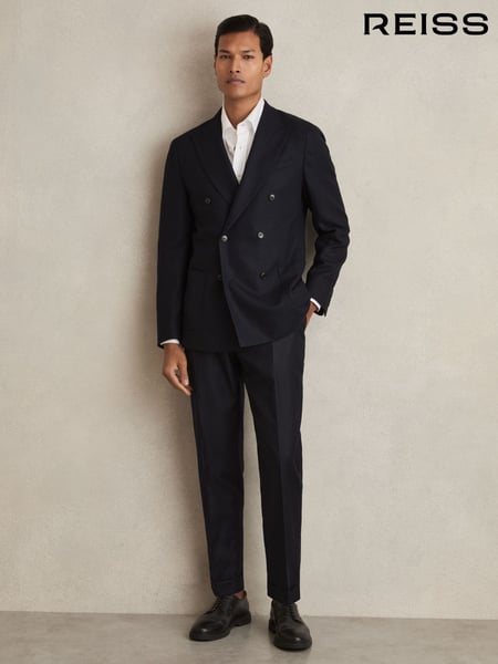 Reiss Navy Club Slim-Fit Double-Breasted Textured Wool-Blend Suit Blazer (AU9689) | € 515
