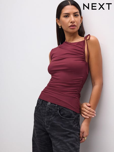 Burgundy Red Soft Touch Polyamide Ruched Sleeveless Top (AU9785) | € 32