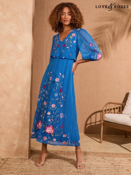 V&A I Love & Roses Cobalt Blue Floral Embroidered Dobby Scallop Neck 3/4 Sleeve Midi Dress (AU9974) | € 139