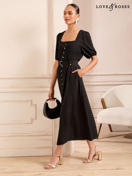 Love & Roses Black Square Neck Short Sleeve Belted Button Through Mid Dress (AU9978) | € 97