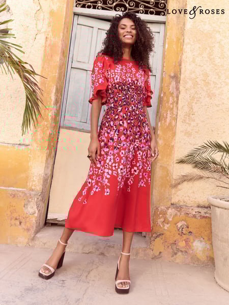 Love & Roses Red Animal Crew Neck Ruffle Sleeve Midi Dress (AU9980) | € 101