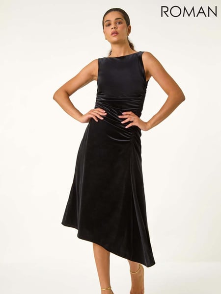 Roman Black Velvet Floral Print Ruched Midi Dress (AV0857) | € 94