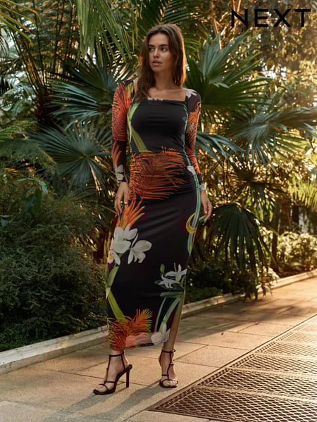 Black Orange Floral Kew Collection Square Neck Long Sleeve Mesh Midi Dress (AV1054) | € 19
