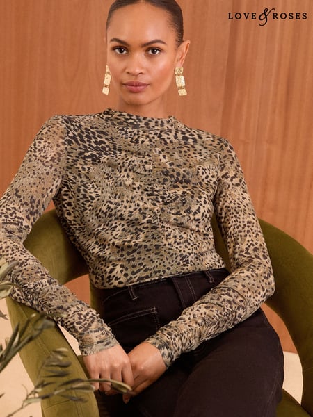 Love & Roses Brown Leopard Mesh Ruched Long Sleeve Top (AV1098) | € 41