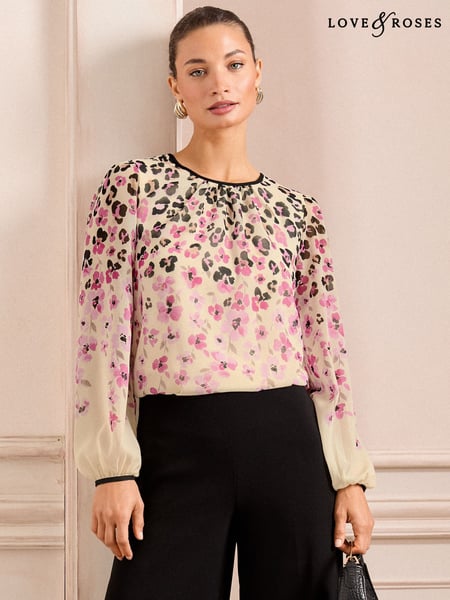 Love & Roses Neutral Animal Petite Print Tipped Detail Crew Neck Long Sleeve Blouse (AV1106) | € 62