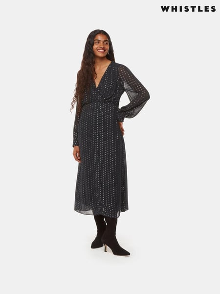 Whistles Black Petite Metallic Stripe Midi Dress (AV1831) | € 147