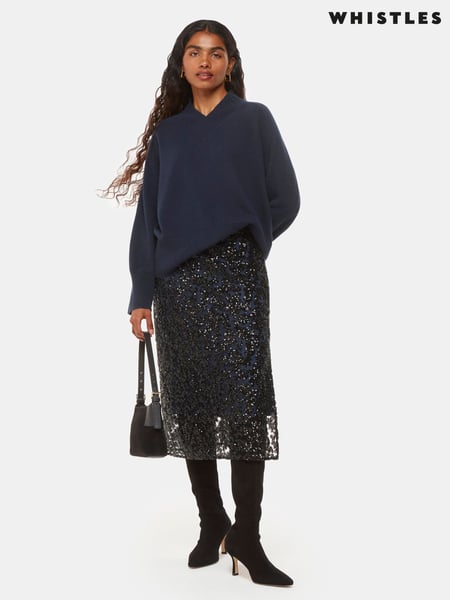 Whistles Black Petite Floral Sequin Midi Skirt (AV1832) | € 108