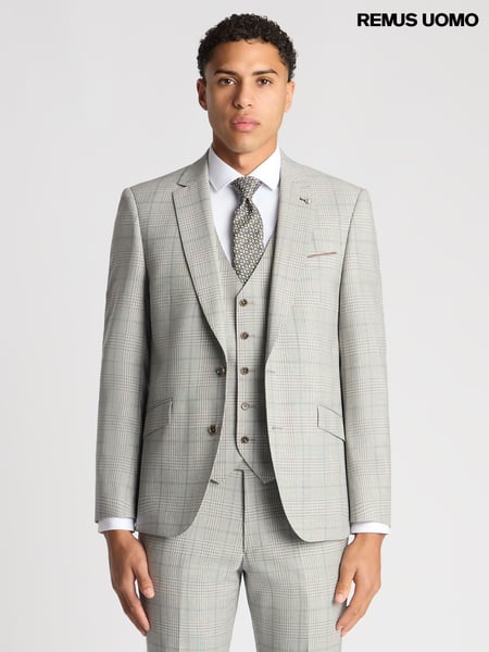 Remus Uomo Grey Tapered Fit Checked Wool Rich Mix And Match Suit Jacket (AV2442) | € 342