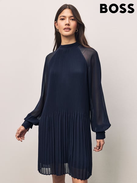 BOSS Blue Plisse Pleated High Neck Sheer Sleeve Dress (AV3790) | € 420
