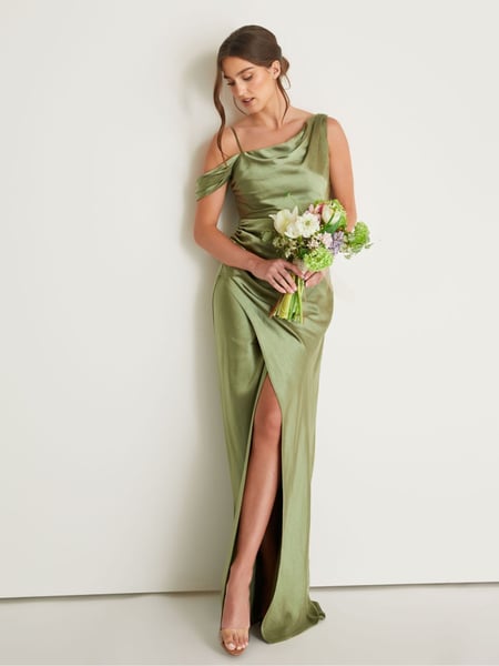 Six Stories Green Asymmetrical Bardot Strap Satin Flower Girl Dress (AV4460) | € 201