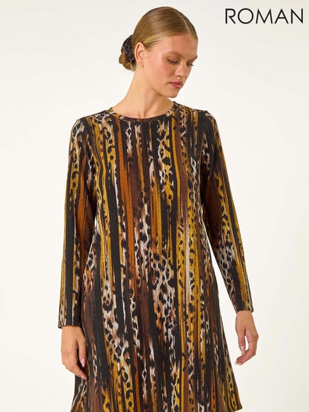 Roman Brown Animal Print Shift Midi Dress (AV4701) | € 66