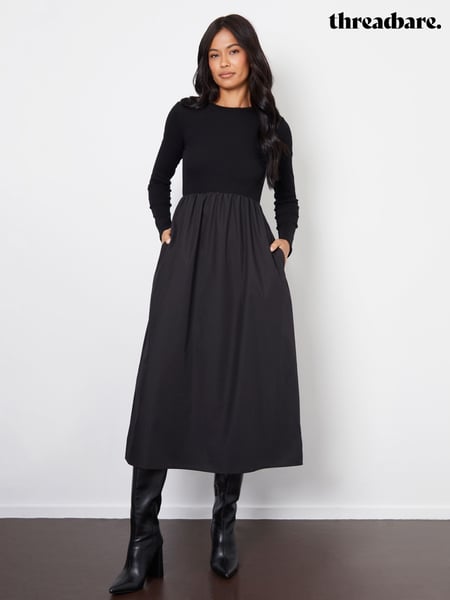 Threadbare Black Ribbed Jersey 2-in-1 Midi Dress with Poplin Skirt (AV4742) | € 56