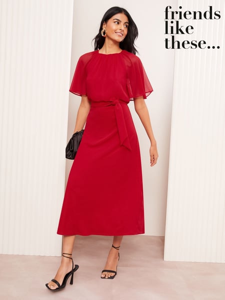 Friends Like These Red Scuba Chiffon Flutter Sleeve Midi Dress (AV4981) | € 43
