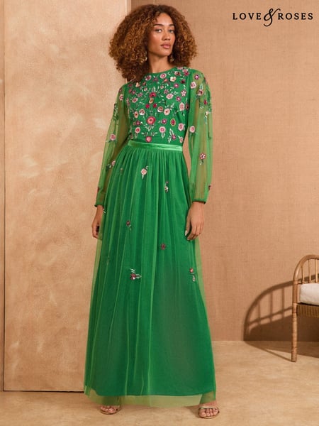 Love & Roses Bright Green Embroidered Angel Sleeve Maxi Dress (AV4987) | € 242
