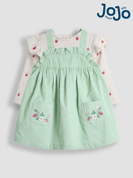 JoJo Maman Bébé Khaki Green Strawberry 2-Piece Frill Sleeve Top & Pinafore Set (AV5362) | € 48 - € 51
