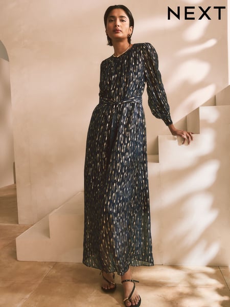 Navy Blue Long Sleeve Tie Waist Crew Neck Maxi Dress (AV5759) | € 105