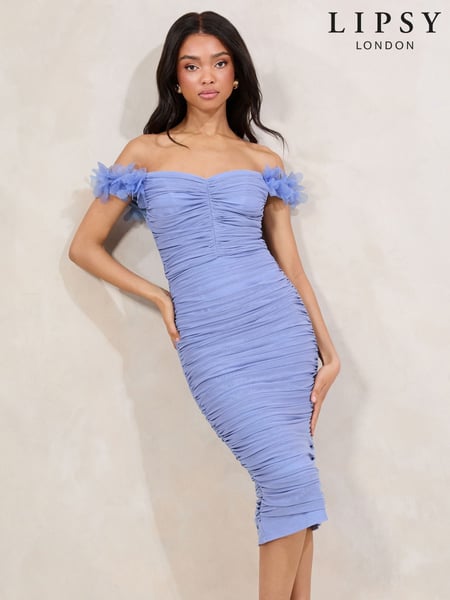 Lipsy Cornflower Blue Bardot 3D Trim Mesh Ruched Bodycon Dress (AV5936) | € 133