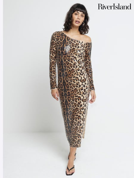 River Island Brown Leopard Print One Shoulder Midi Dress (AV6152) | € 42