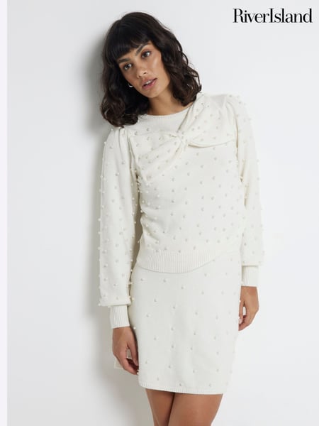 River Island Cream Bow Pearl Crew Neck Jumper (AV6244) | € 78