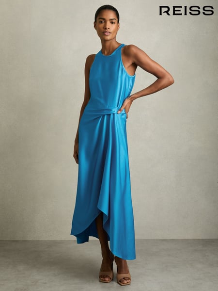 Reiss Blue Micah Satin Drape Tuck Midi Dress (AV6501) | € 246