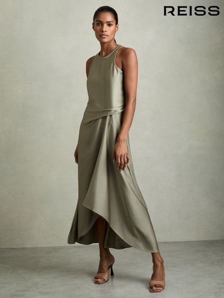 Reiss Khaki Micah Satin Drape Tuck Midi Dress (AV6521) | € 246