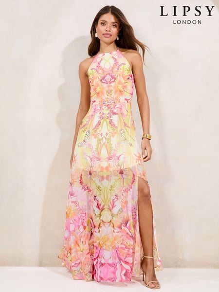 Lipsy Pink Petite Printed Halter Chiffon Sleeveless Maxi Dress (AV6649) | € 140