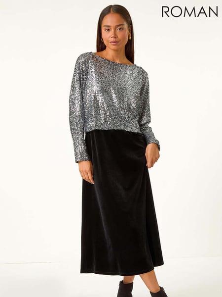 Roman Black Petite Constrast Sequin Velvet Dress (AV6676) | € 109