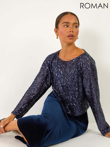 Roman Blue Petite Constrast Sequin Velvet Dress (AV6685) | € 109