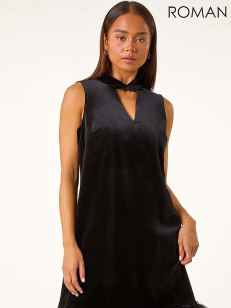 Roman Black Petite Velvet Feather Hem Dress (AV6693) | € 109