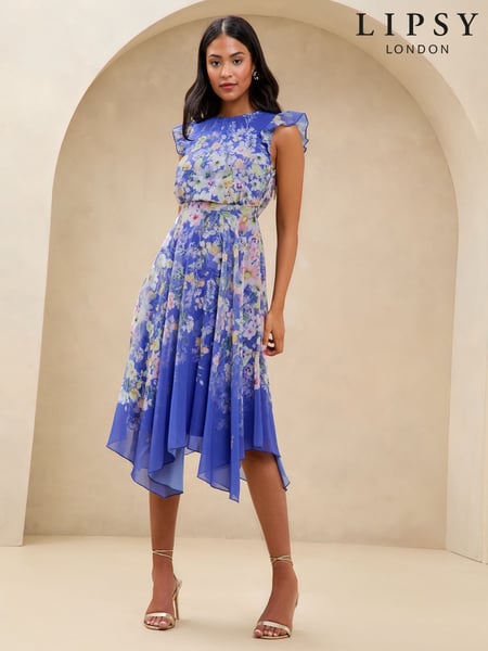 Lipsy Cobalt Blue Petite Floral Printed Hanky Hem Midi Dress (AV6826) | € 134