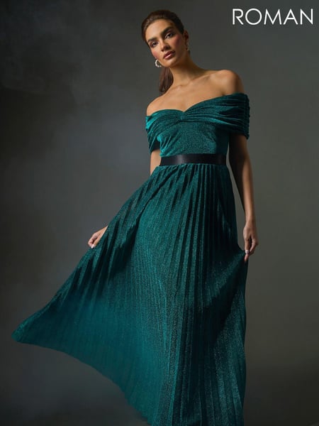 Roman Green Bardot Pleated Fit & Flare Maxi Dress (AV7060) | € 172