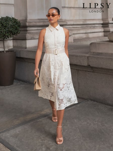 Lipsy Cream Premium Lace Belted Sleeveless Shirt Dress (AV7073) | € 265
