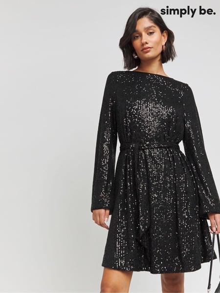 Simply Be Black Sequin Belted Skater Dress (AV7145) | € 56