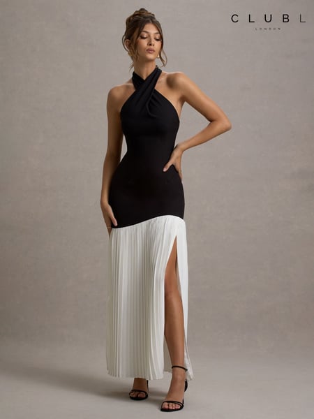 Club L London Black Khai Halter-Neck Maxi Dress With Plisse Skirt (AV7510) | € 187