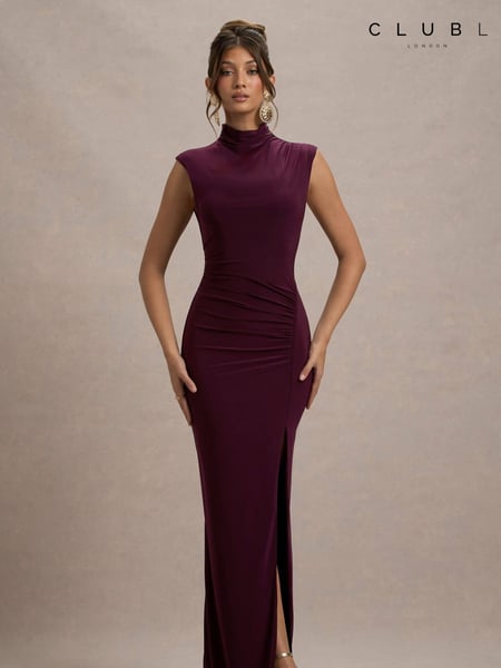 Club L London Purple Lanetta Ruched High-Neck Maxi Dress With Split (AV7516) | € 70