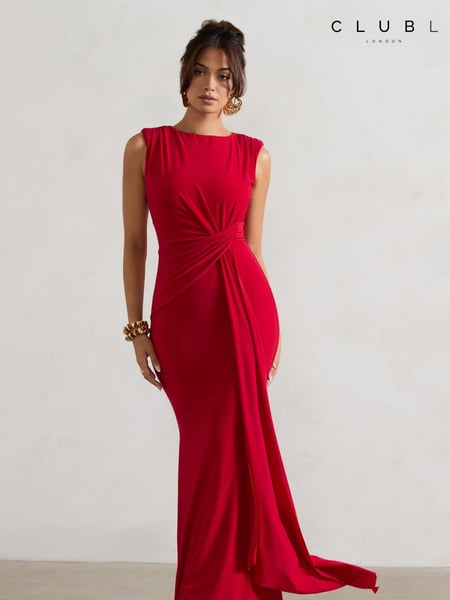 Club L London Red Kadie Sleeveless Gathered Maxi Dress With Drape (AV7519) | € 133