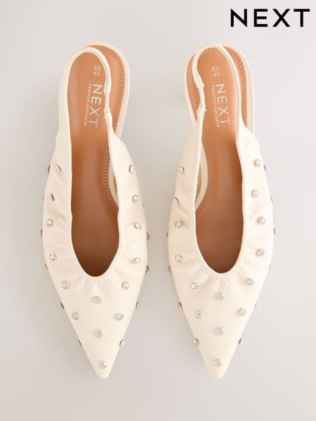White Forever Comfort® Point Toe Stud Detail Slingback Low Heels (AV7538) | € 61