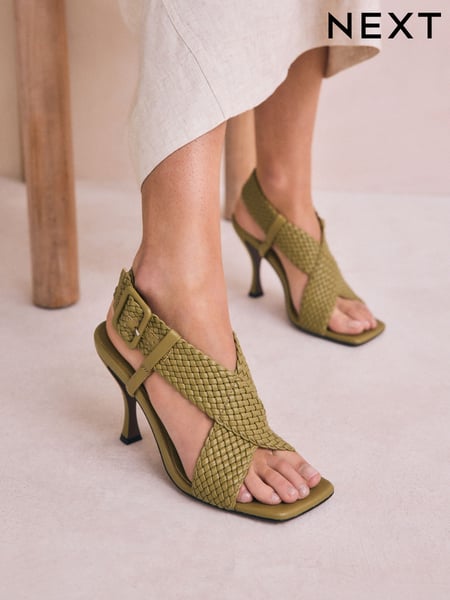 Khaki Green Forever Comfort® Square Toe Weave Cross-Over Slingback Heels (AV7898) | € 67