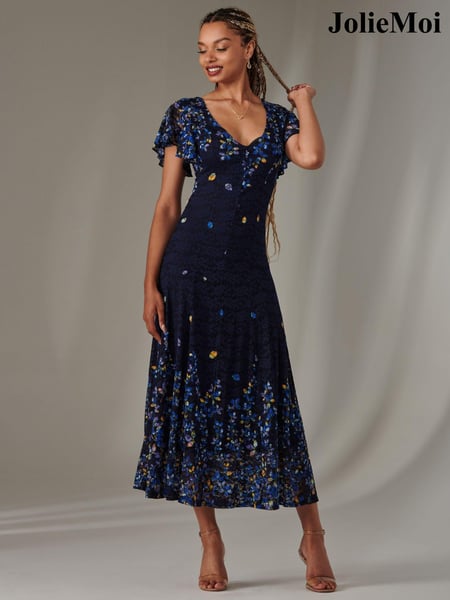 Jolie Moi Blue Cap Sleeve Lace Maxi Dress (AV8599) | € 123