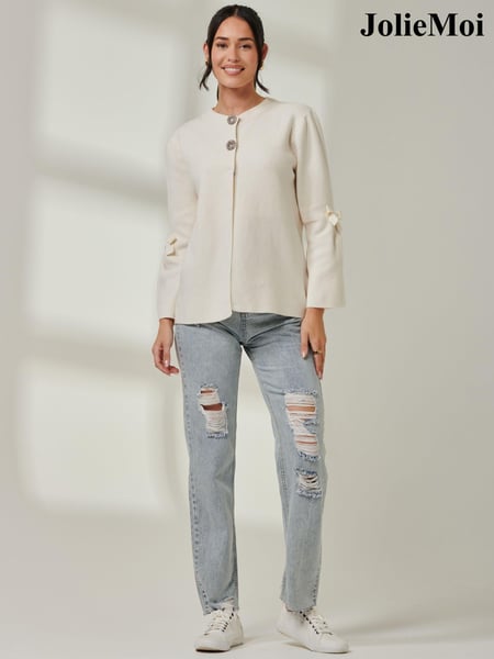 Jolie Moi Cream Knitted Bow Detail Cardigan (AV8613) | € 38