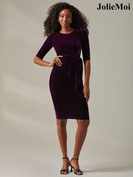 Jolie Moi Purple Velvet Side Tie Midi Dress (AV8736) | € 106