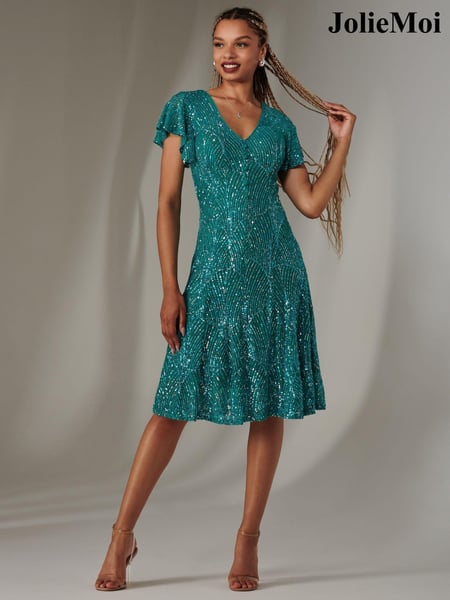 Jolie Moi Blue V-Neck Fit and Flare Sequin Dress (AV8774) | € 65