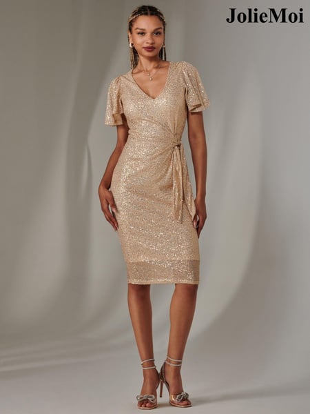 Jolie Moi Gold Side Tie Flare Sleeves Sequin Dress (AV8775) | € 94