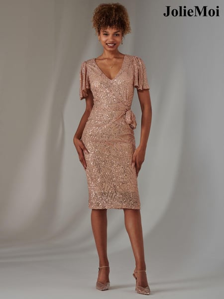 Jolie Moi Gold Angel Sleeves V-Neck Sequin Dress (AV8787) | € 37