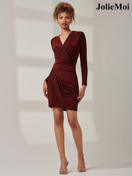 Jolie Moi Red Metallic Long Sleeves Knee Length Dress (AV8793) | € 60