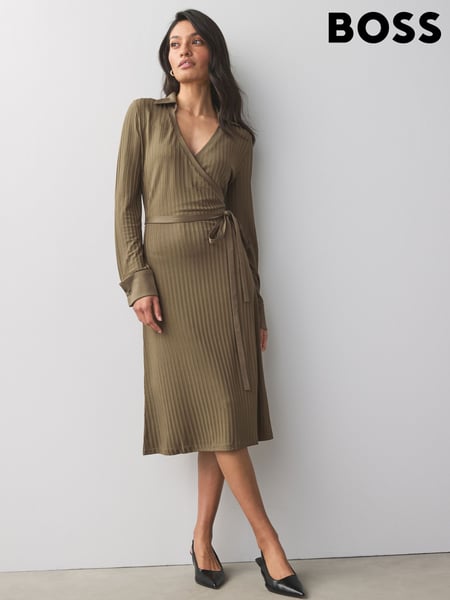 BOSS Brown Knitted Jersey Ribbed Wrap Belt Dress (AV8853) | € 373